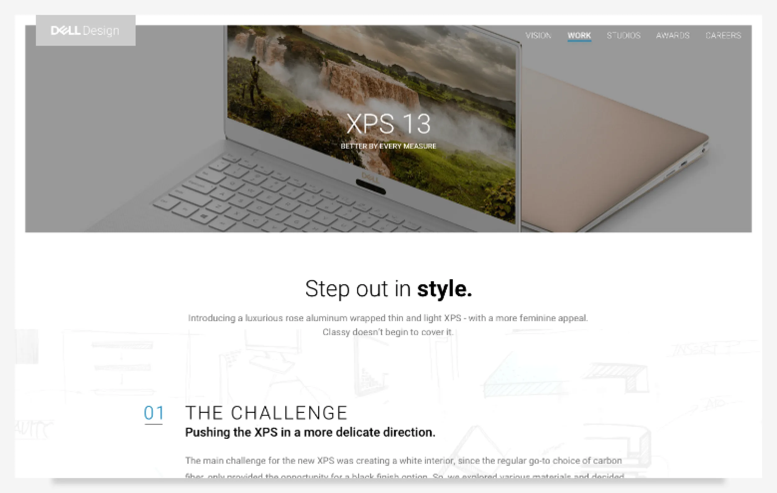 Case study page for the XPS 13: a laptop hero image above the headline “Step out in style” and a numbered challenge section.