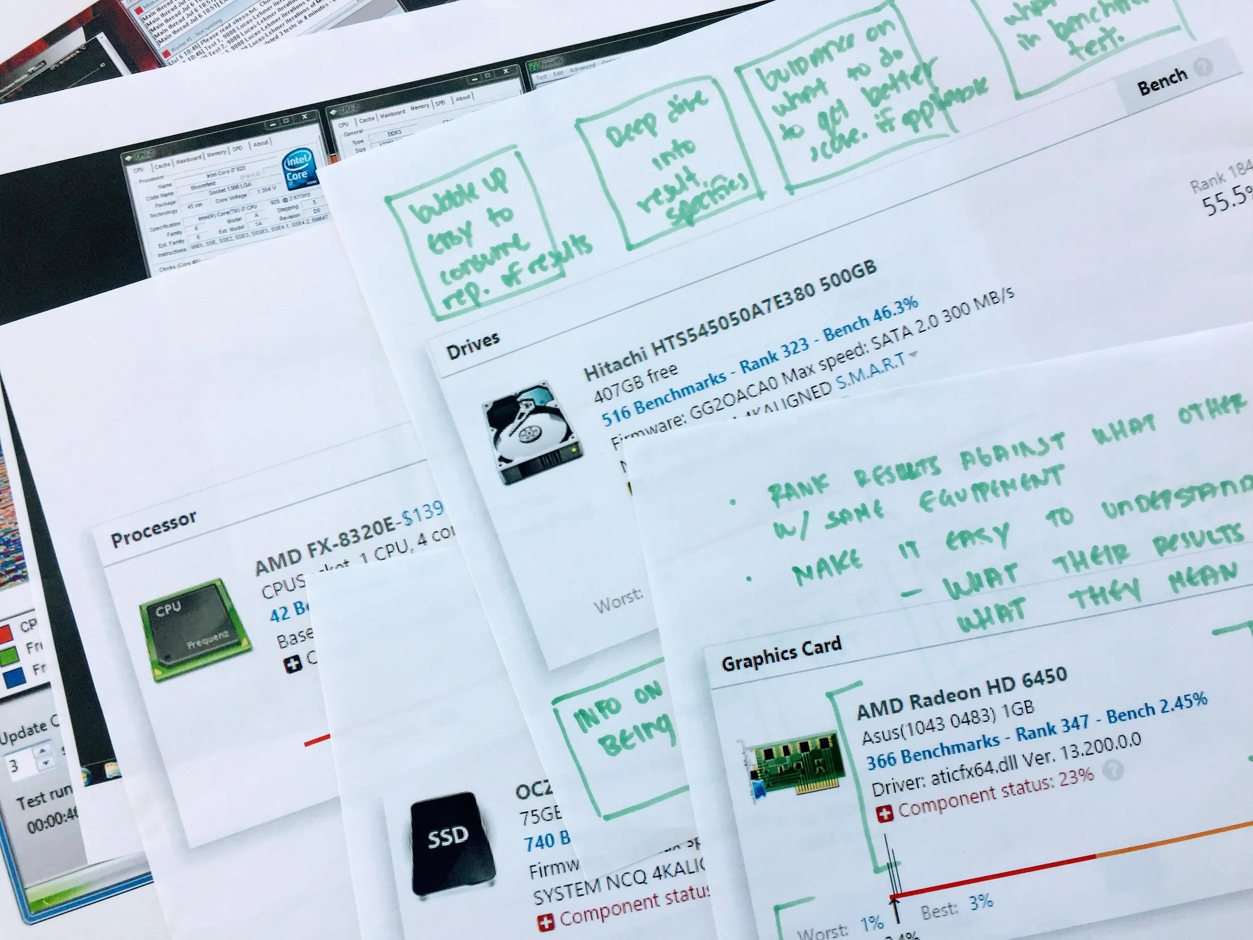 Printed hardware component cards for the processor, drives and graphics card, with handwritten notes on making benchmark results easier to understand.
