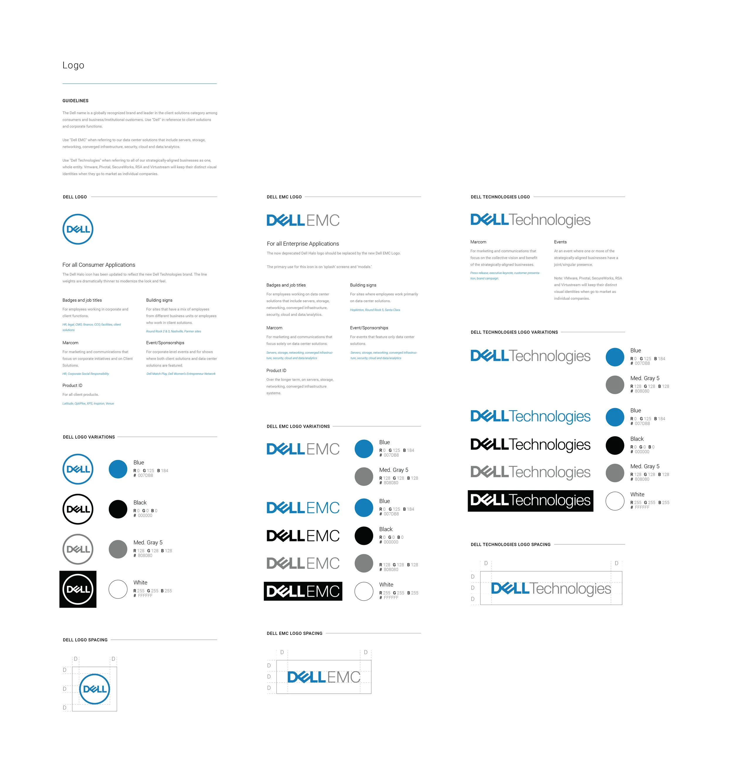 Logo guidelines: Dell, Dell EMC and Dell Technologies logos with their color variations and usage notes.