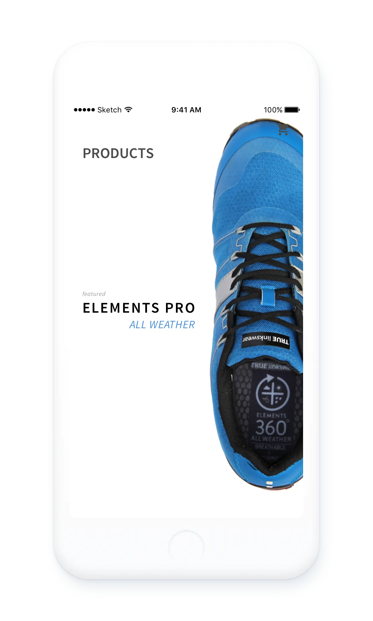 Mobile products screen featuring the Elements Pro All Weather shoe.