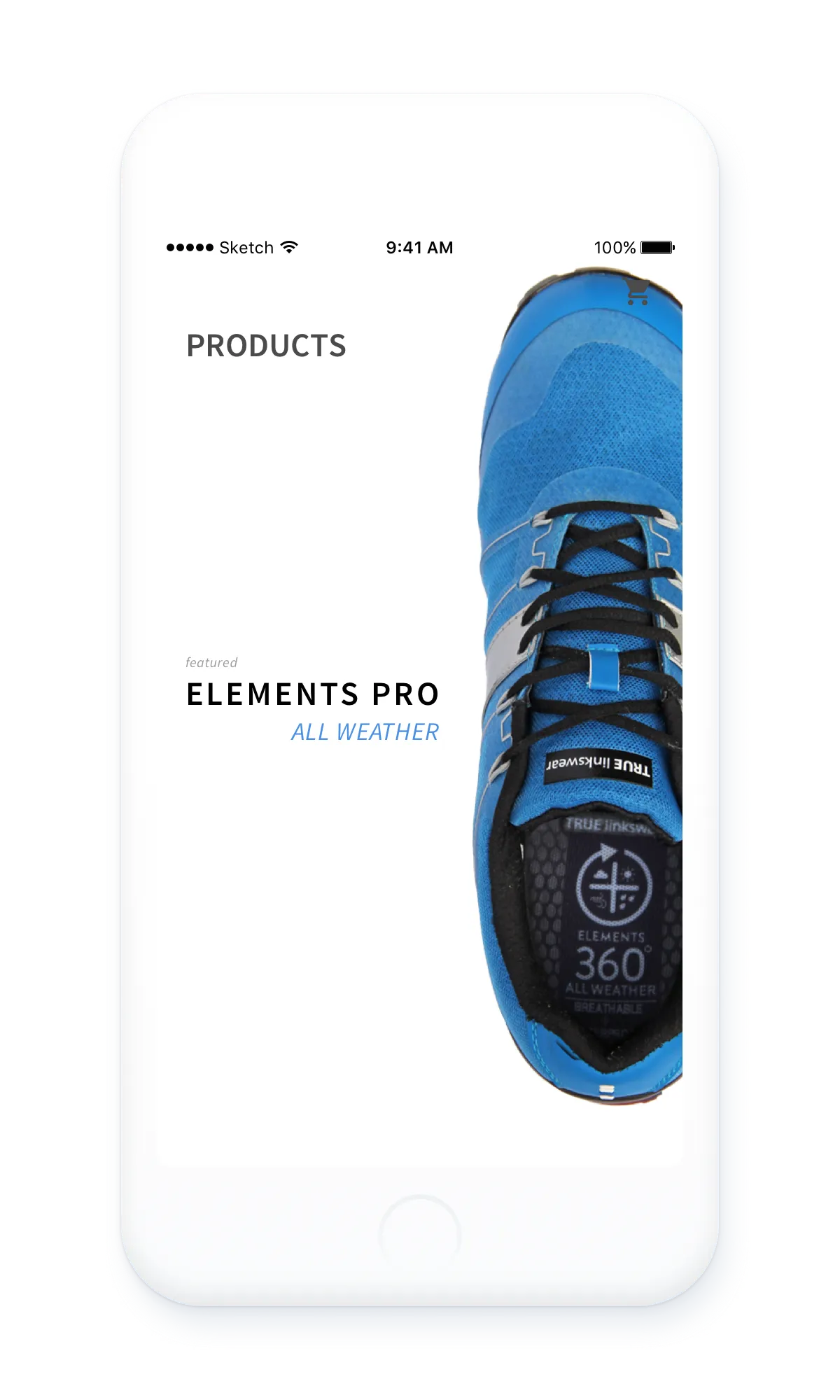 Mobile products screen featuring the Elements Pro All Weather shoe.