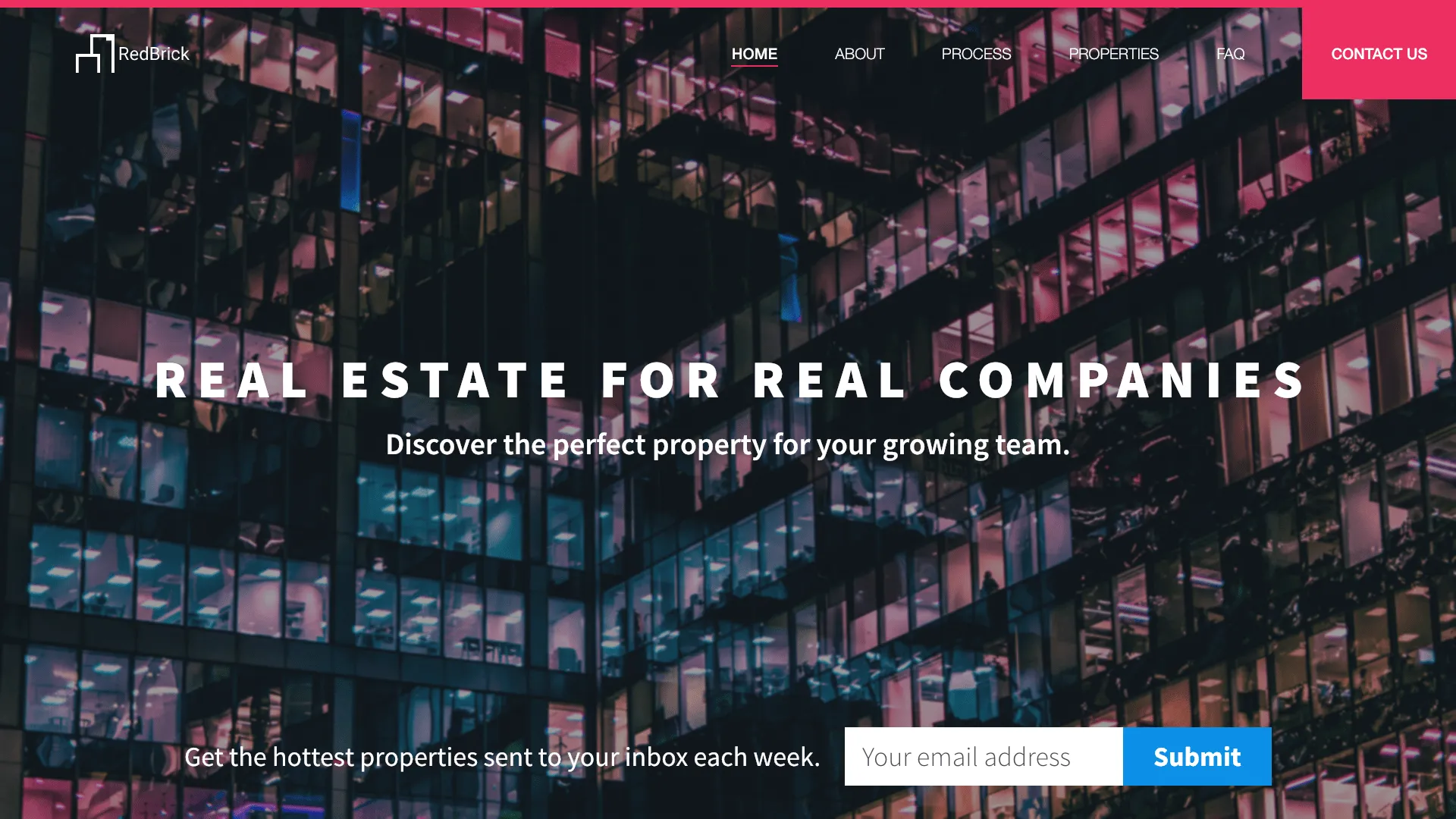 RedBrick home page: an office building at night behind the headline “Real estate for real companies” and an email sign-up.