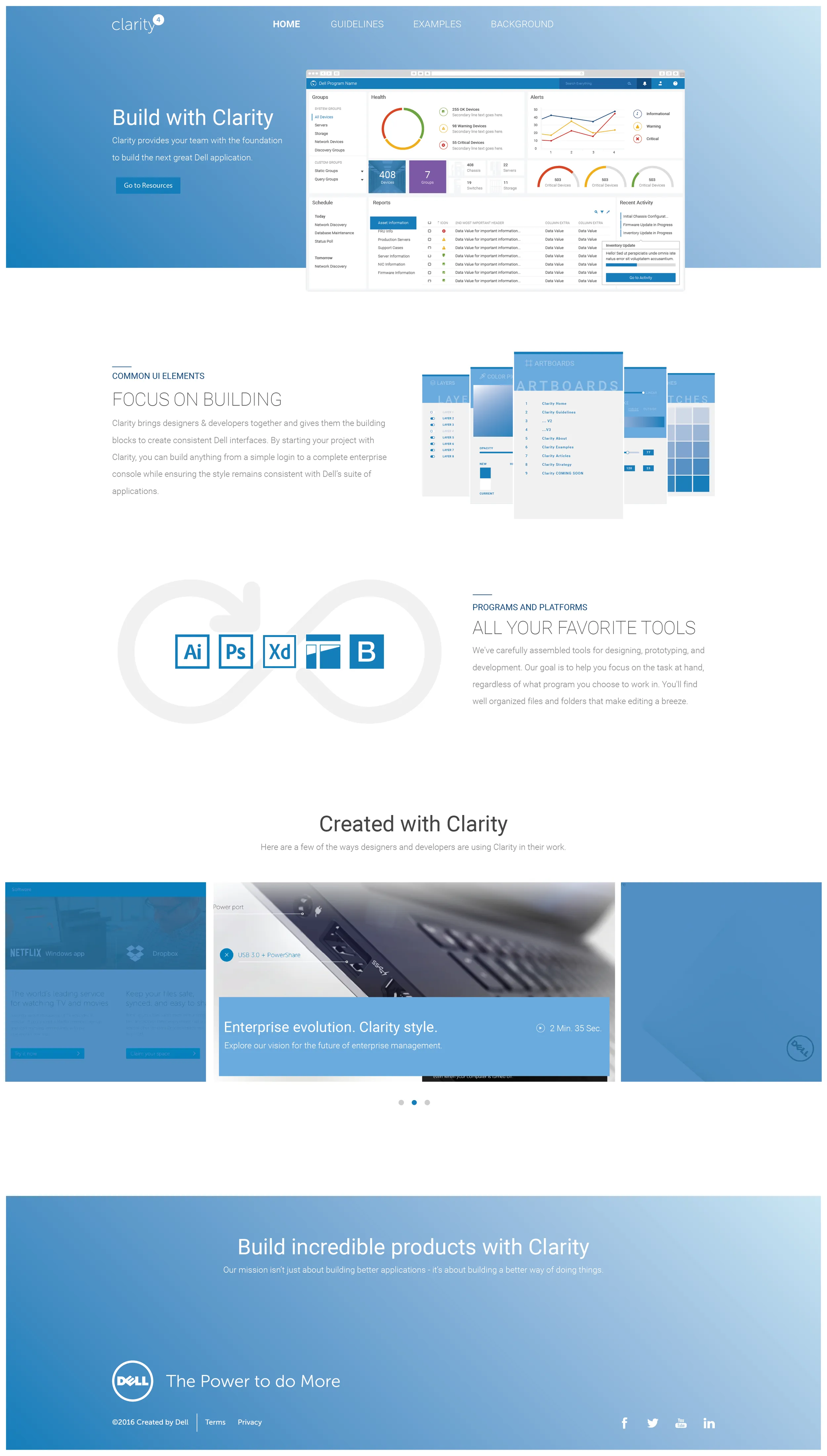 Clarity documentation site home page: a Build with Clarity banner over a sample Dell dashboard, then sections on common UI elements and design tools.