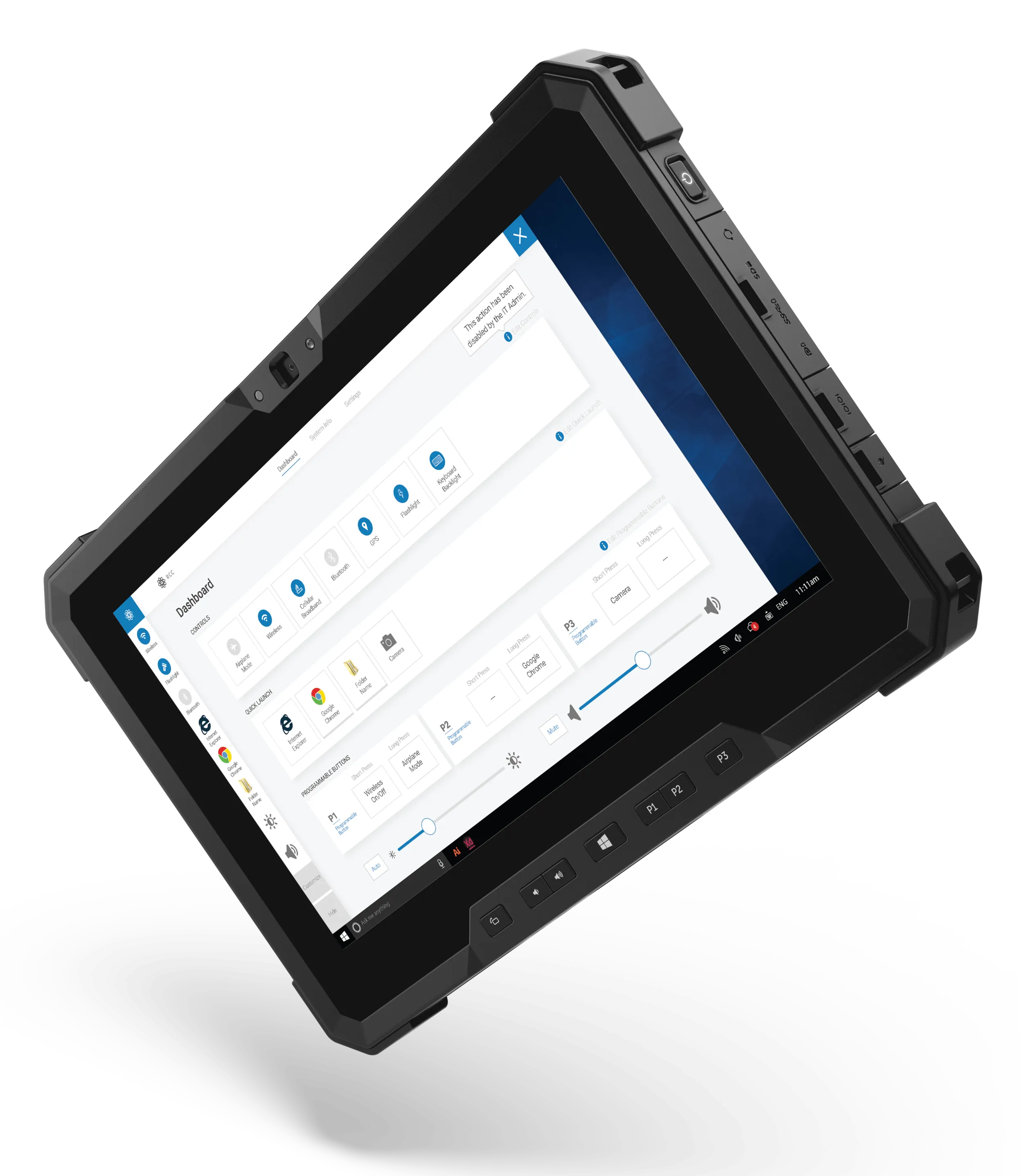 A rugged Dell tablet showing the Rugged Control Center dashboard.