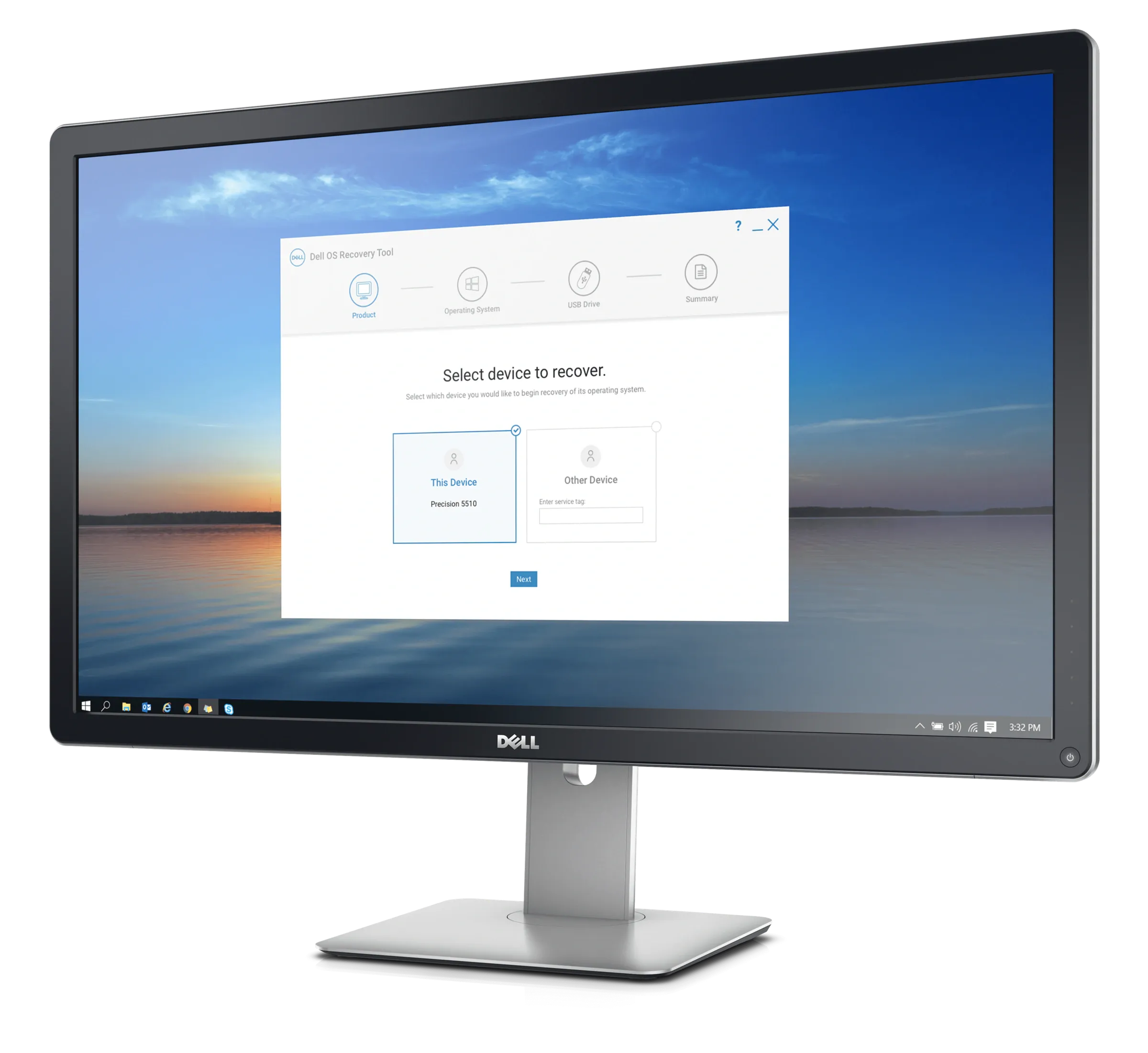 The Dell OS Recovery Tool on a Dell monitor: the first of four wizard steps asks which device to recover, This Device or Other Device.