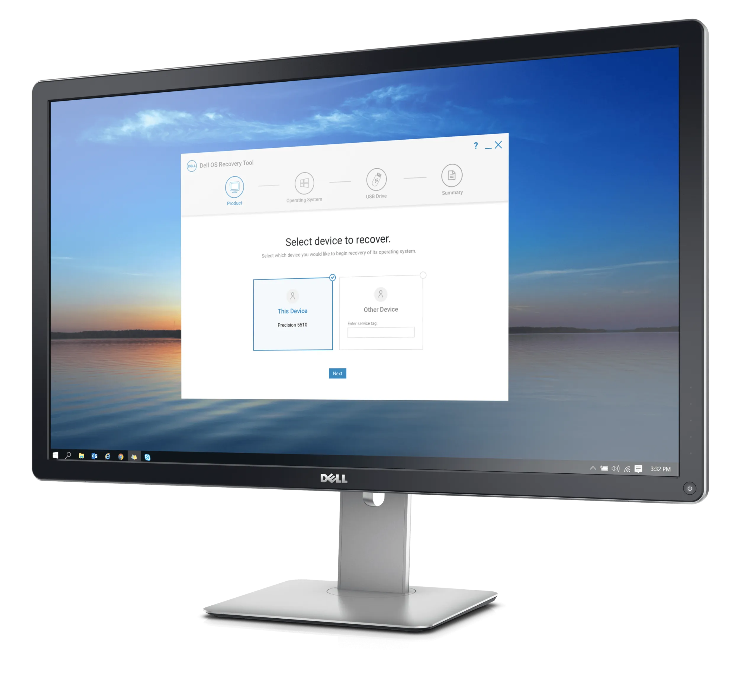 The Dell OS Recovery Tool on a Dell monitor: the first of four wizard steps asks which device to recover, This Device or Other Device.