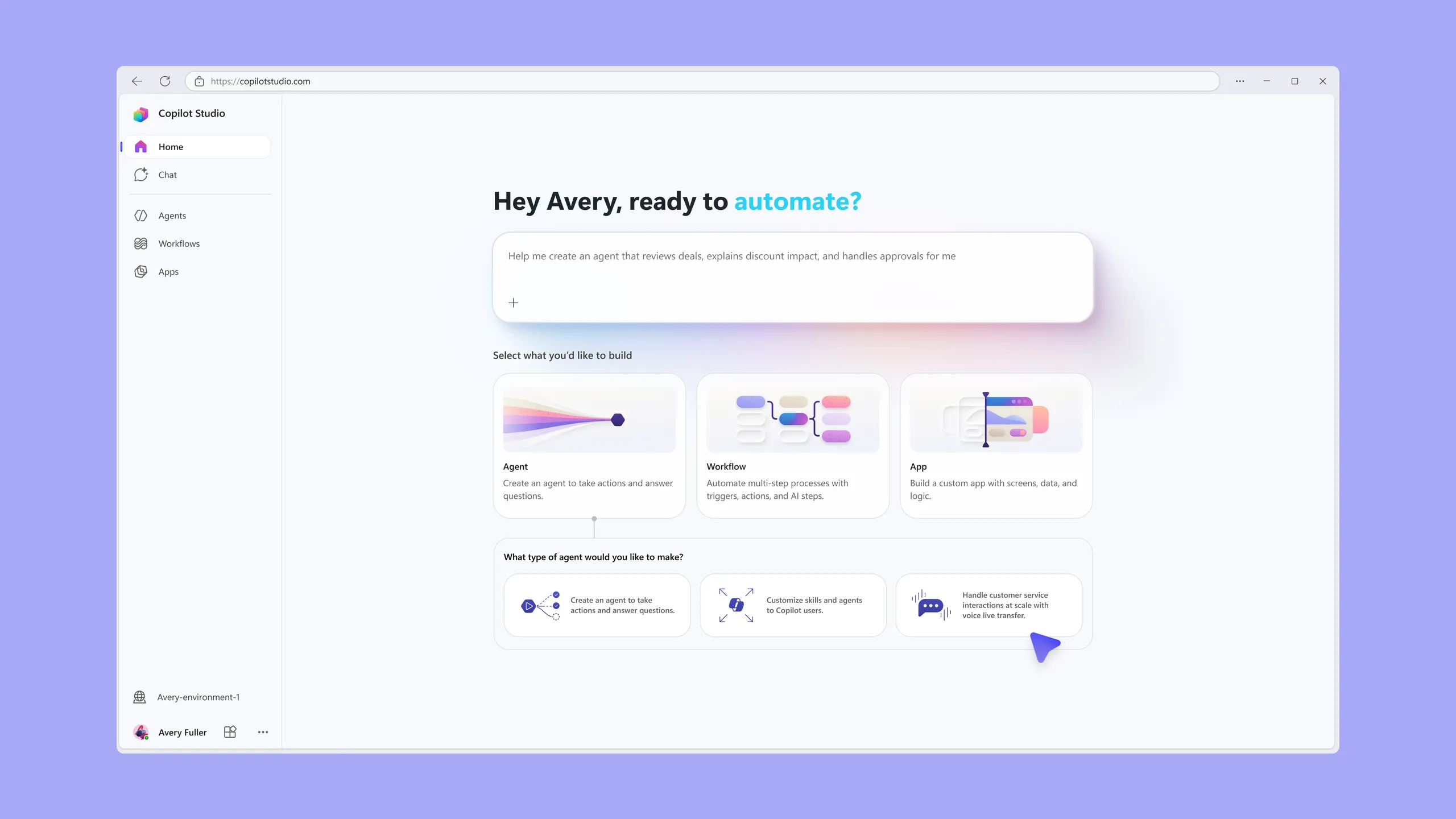 Copilot Studio's home page, with a prompt to create an agent and options to build an agent, a workflow, or an app.
