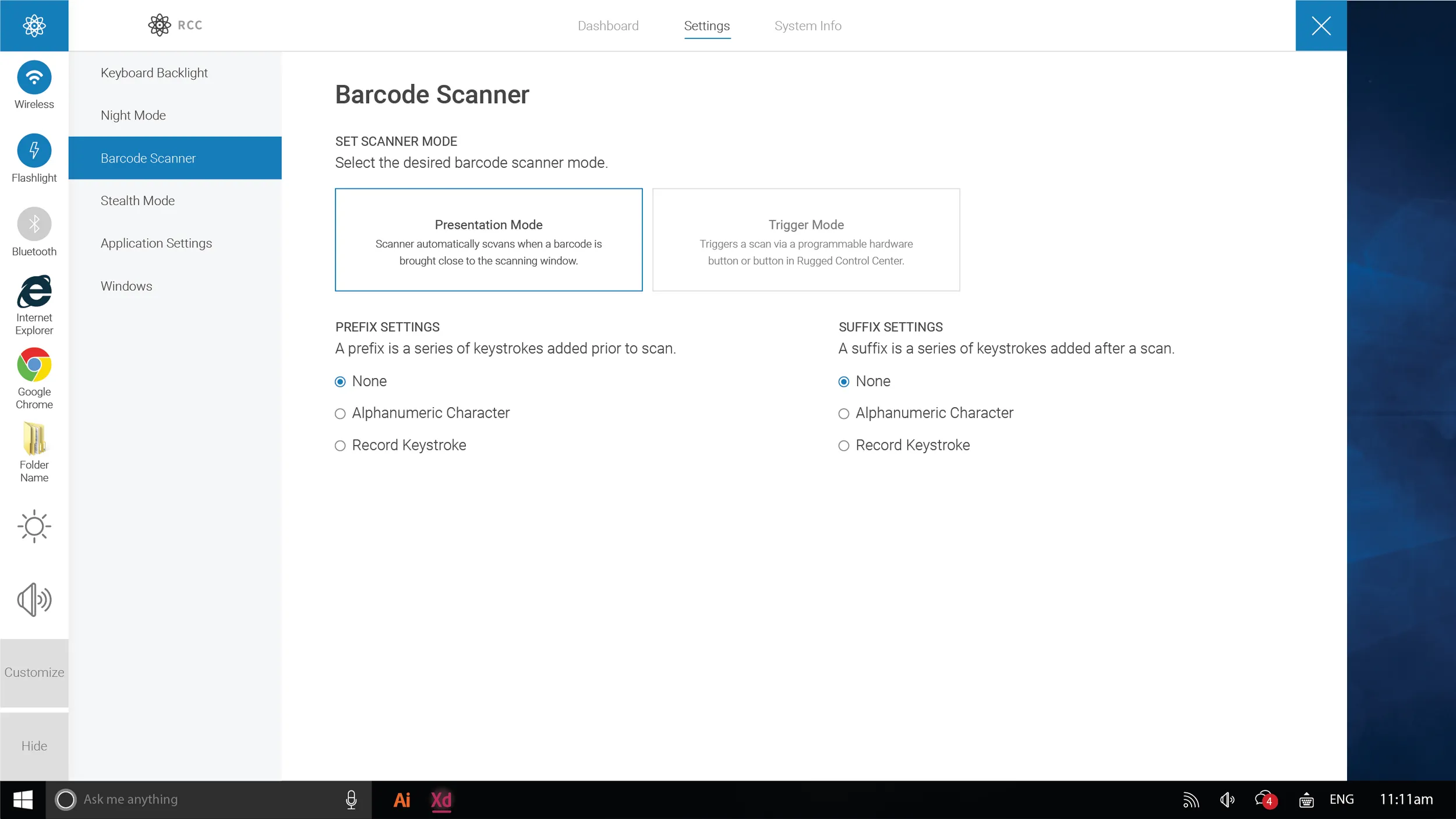 Barcode scanner settings: presentation or trigger scanning mode, and prefix and suffix options.