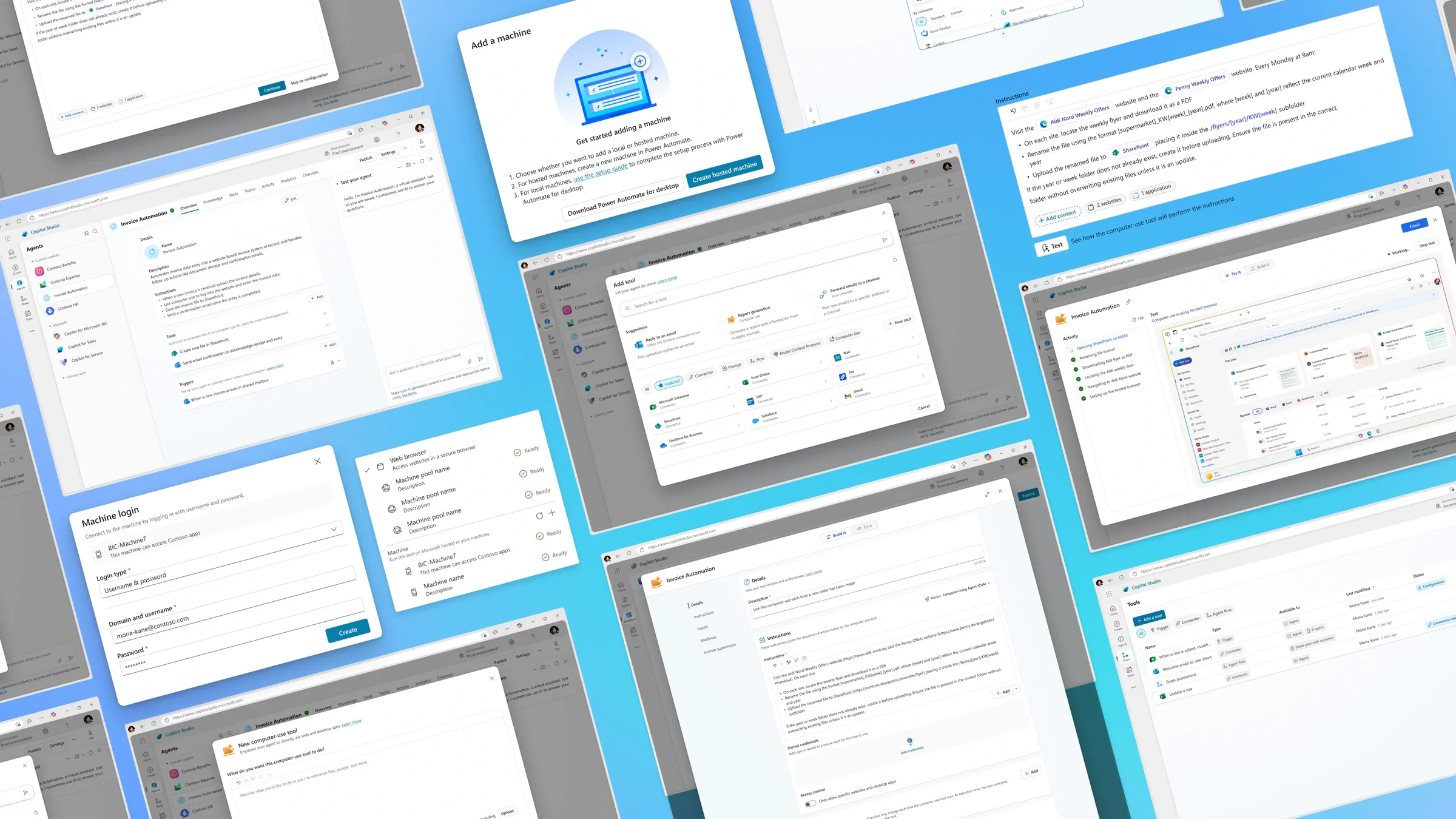 Tilted collage of Copilot Studio screens for computer use on a blue background.